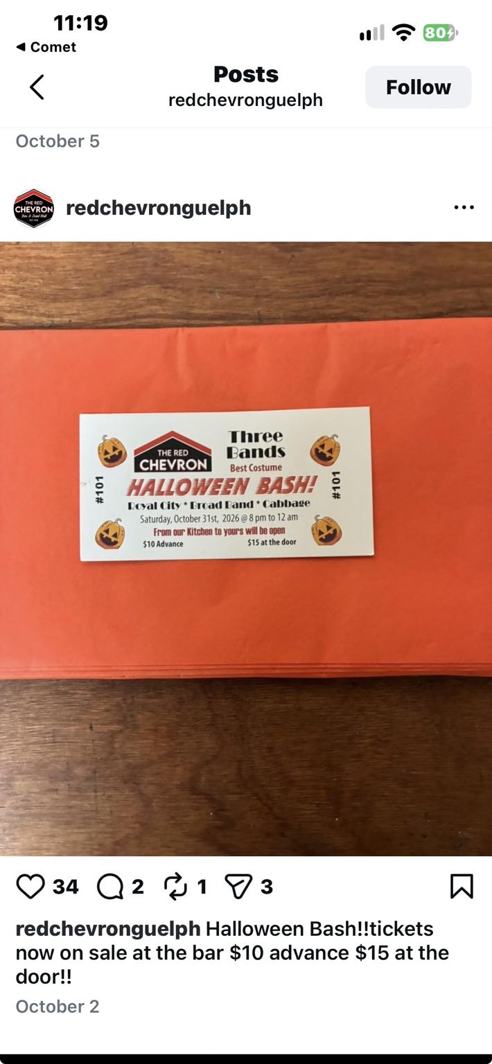 Red Chevron’s Halloween Bash flyer: Royal City, Broad Band and Cabbage; Saturday, October 31, 2026, 8pm to midnight; $10 advance or $15 at the door; best costume and kitchen open.